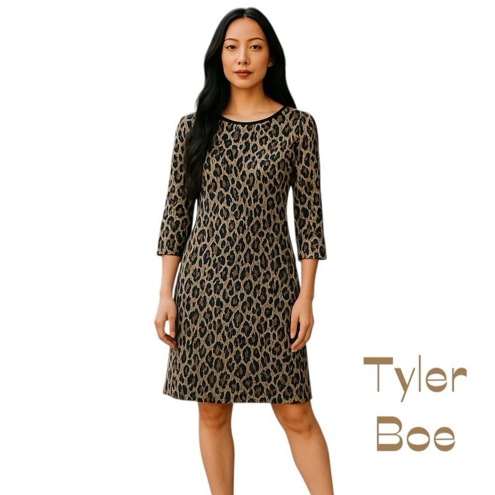 Tyler Boe Knit Tan Blue Animal Print Long Sleeve Dress NWOT Size XS